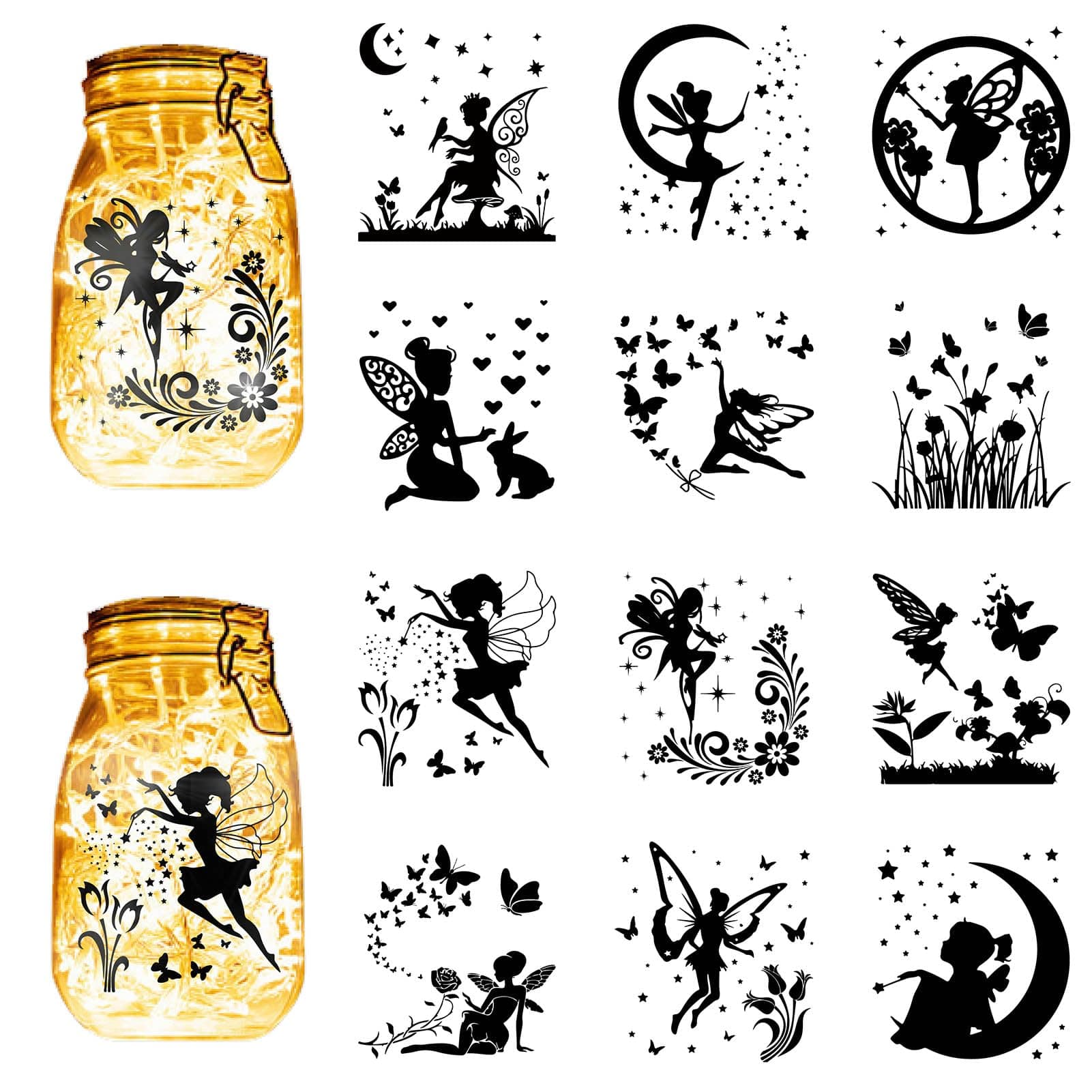 Cabin 12Pcs Fairy Silhouettes Mason Jar Decor Xmas Ornaments PVC Embellishment Black