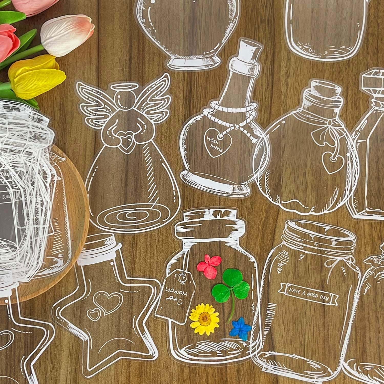 40pcs Transparent Dried Flower Bookmarks Kit, World in a Bottle Mason Jar Stickers