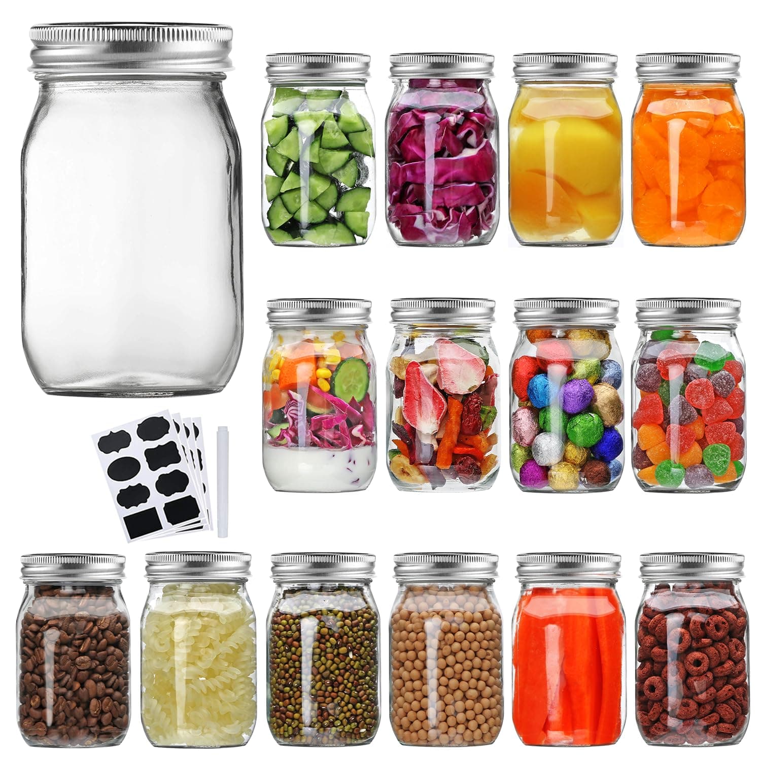 Accguan 16oz Glass Mason Jars with Airtight Lids, 15 Pack, Ideal for Jam, Honey, and More