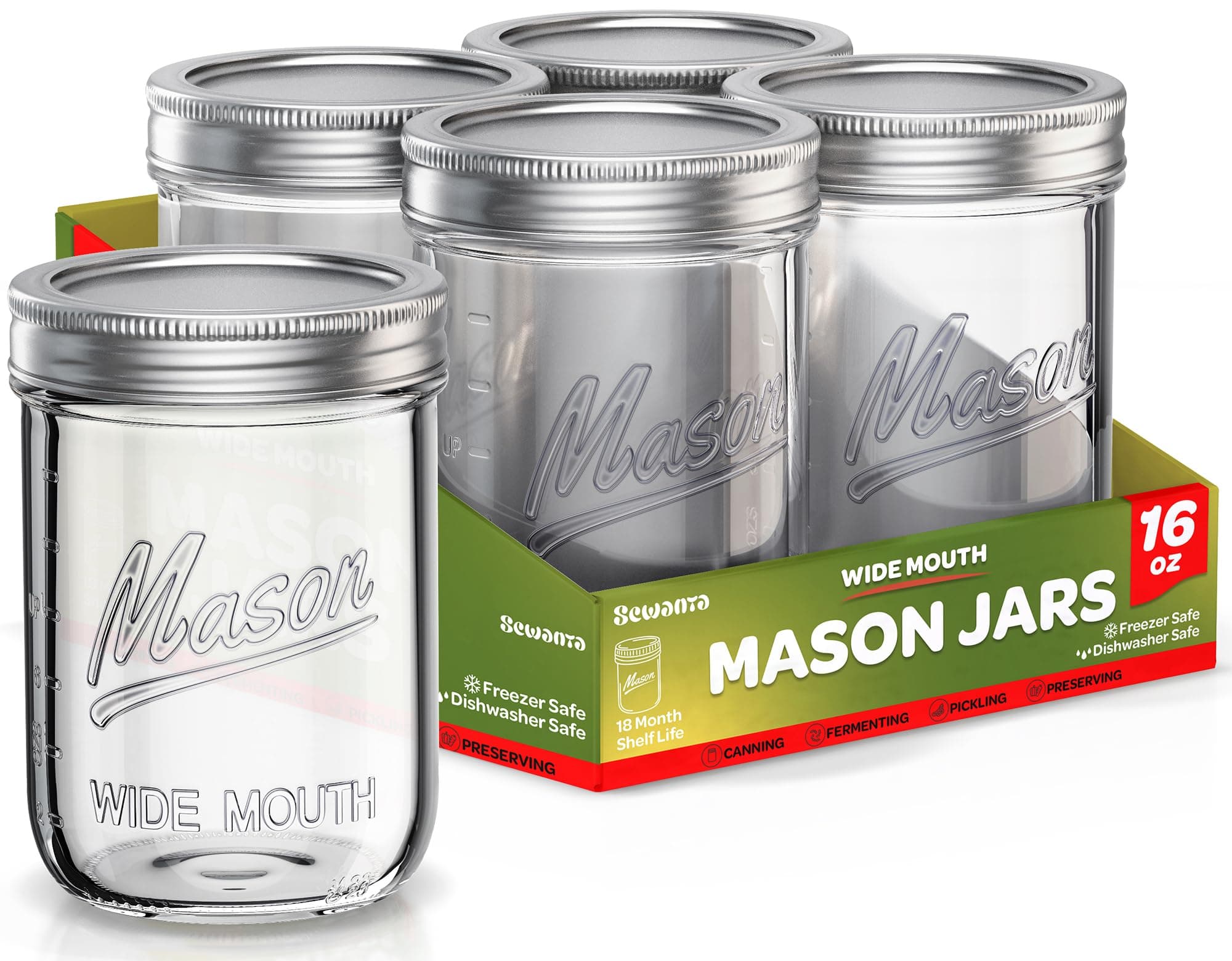 SEWANTA 16 oz Mason Jars, 5 Pack - Canning, Fermenting, Pickling - Jar Décor Safe in Microwave & Freezer.