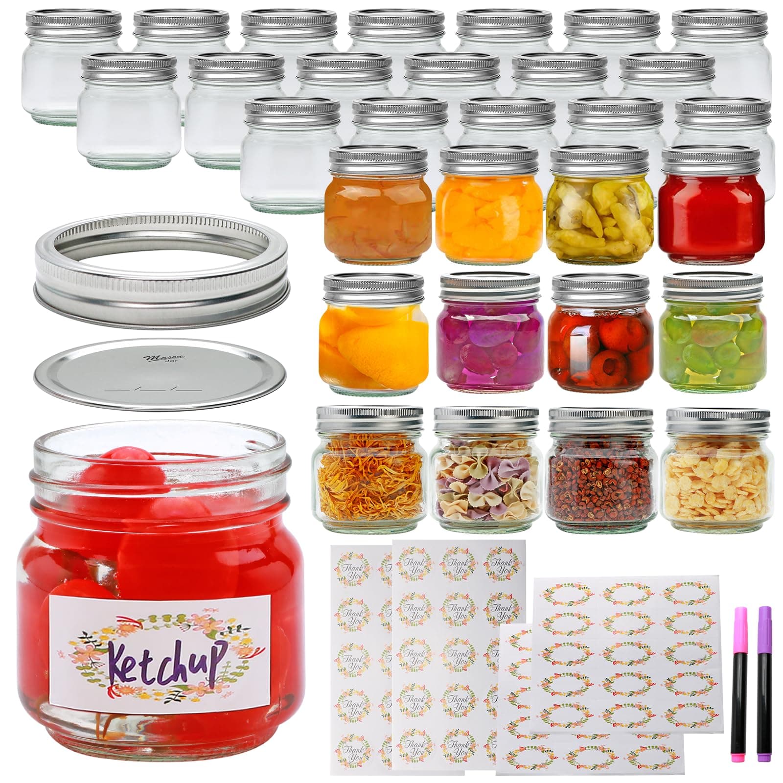 8 oz Glass Jars with Lid, 30 Pack, Storage for Jelly, Jam, Honey, Pickles and Spices