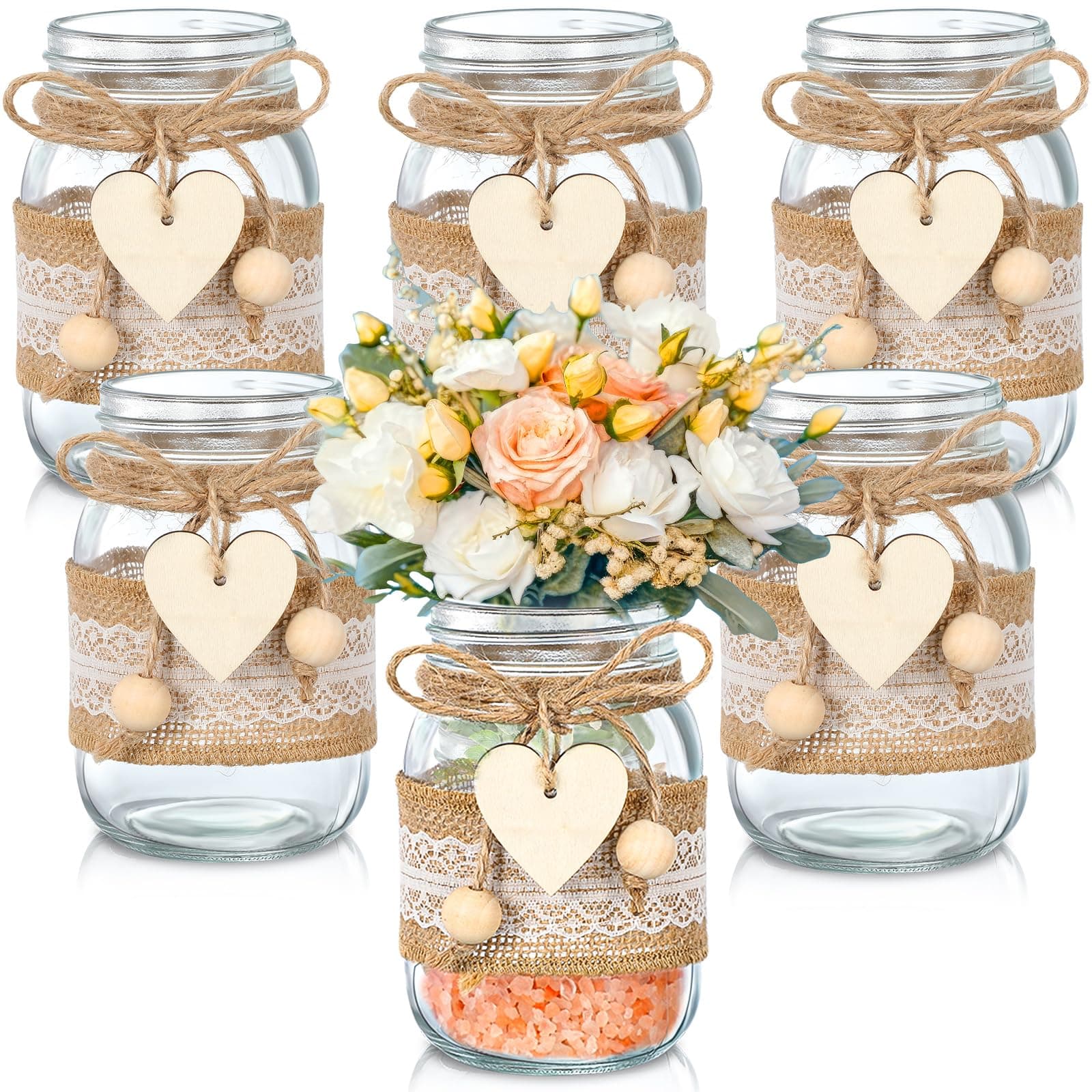 Mumufy 6 Sets Mason Jar Centerpieces with Lace & Heart Hemp Rope Decorations