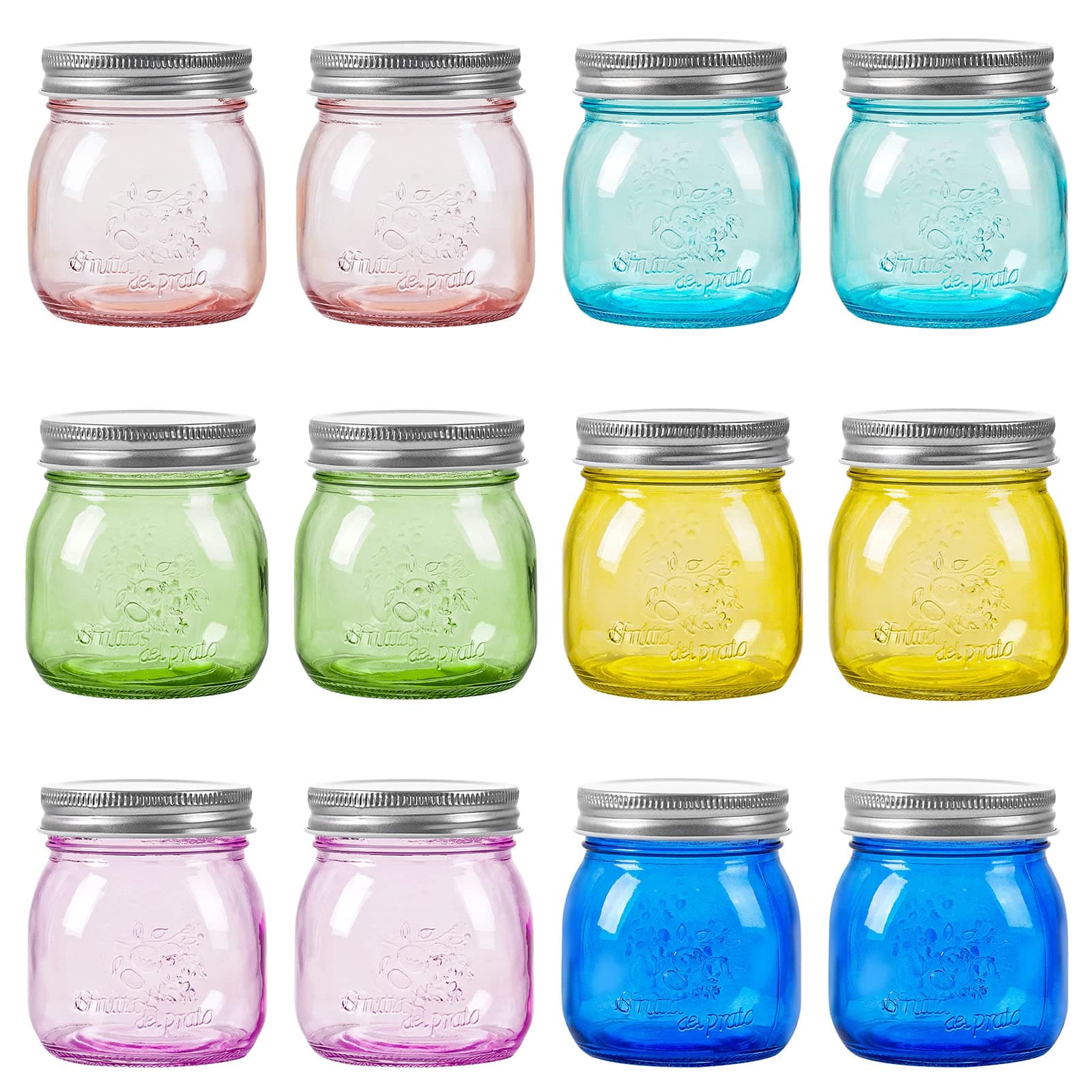 Colorful Mason Jars 8 oz with Metal Lids - Regular Mouth Canning Jars for Various Uses - 12 Pack