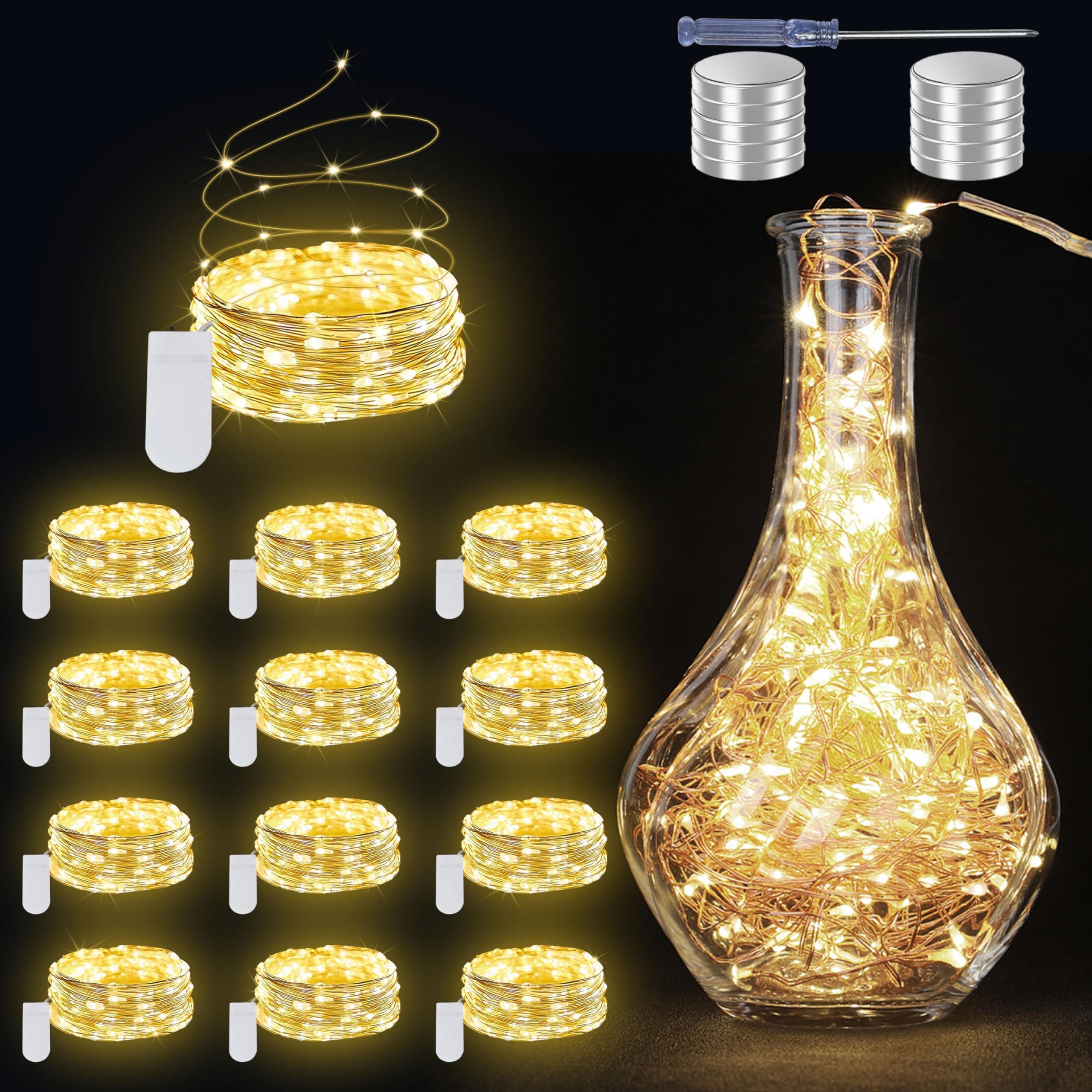 12 Pack Warm White Battery Operated Fairy Lights - 7ft Waterproof Silver Wire Strings for Wedding Table Décor