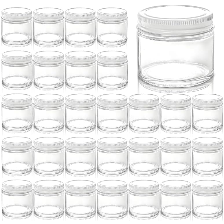 30 Pack 2oz Round Clear Glass Jars with Lids & Labels, Airtight Spices & Herbs Storage