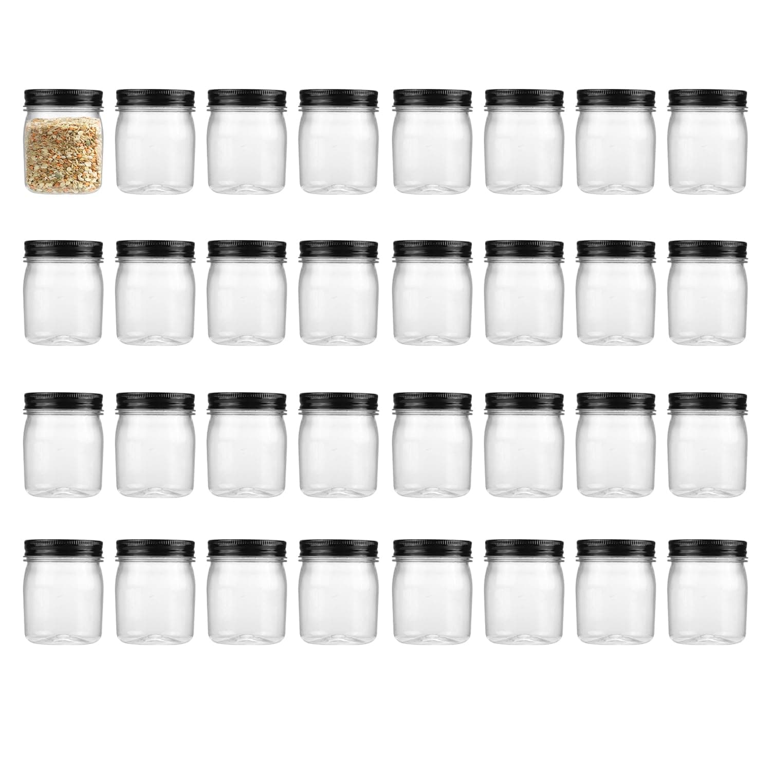 8 oz Black Clear Plastic Mason Jars, 32 Pack, Reusable for Dry Food Storage