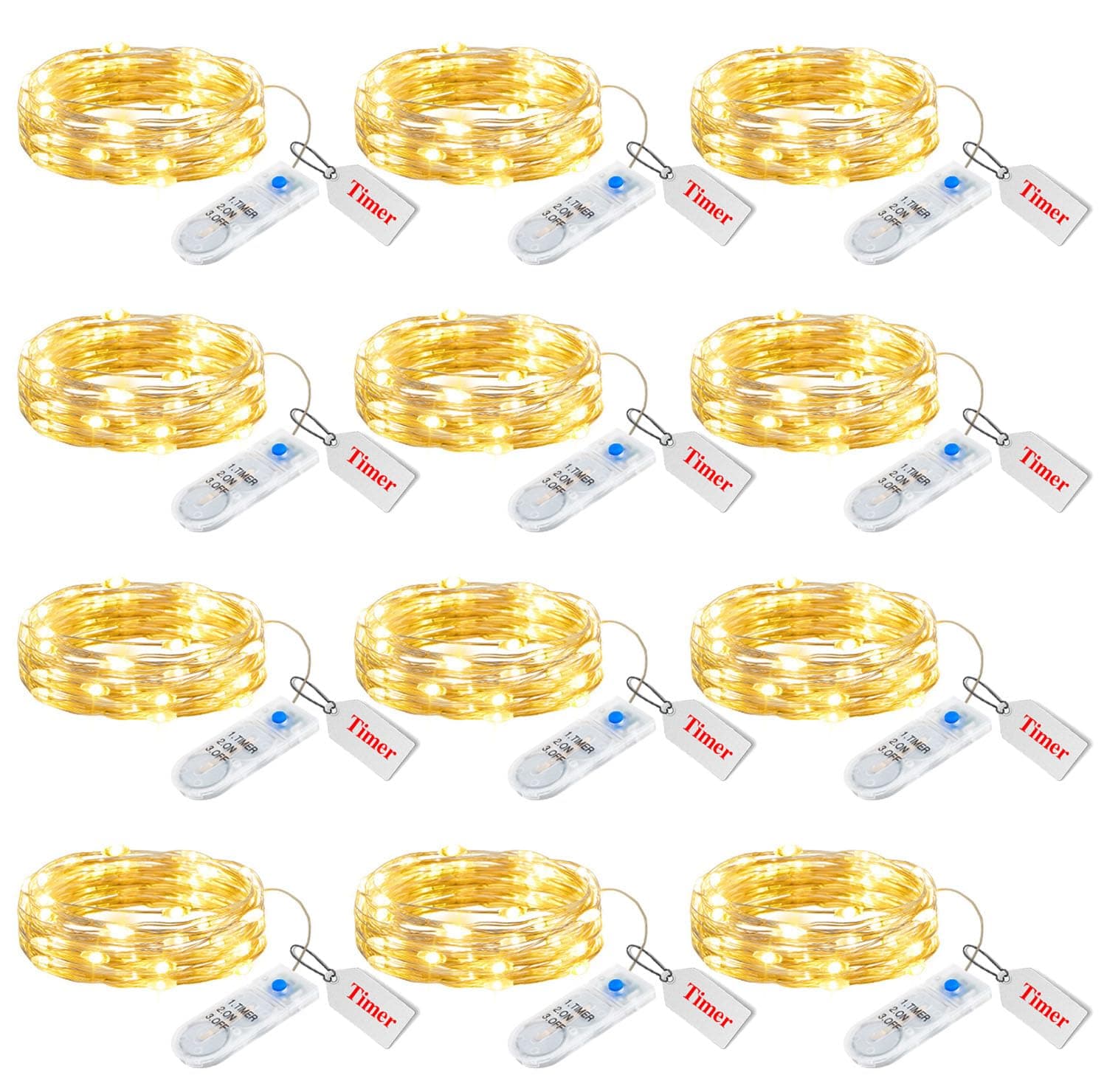 Minetom 12 Pack Waterproof Fairy Lights with Timer - 7ft LED Silver Wire Firefly Lights