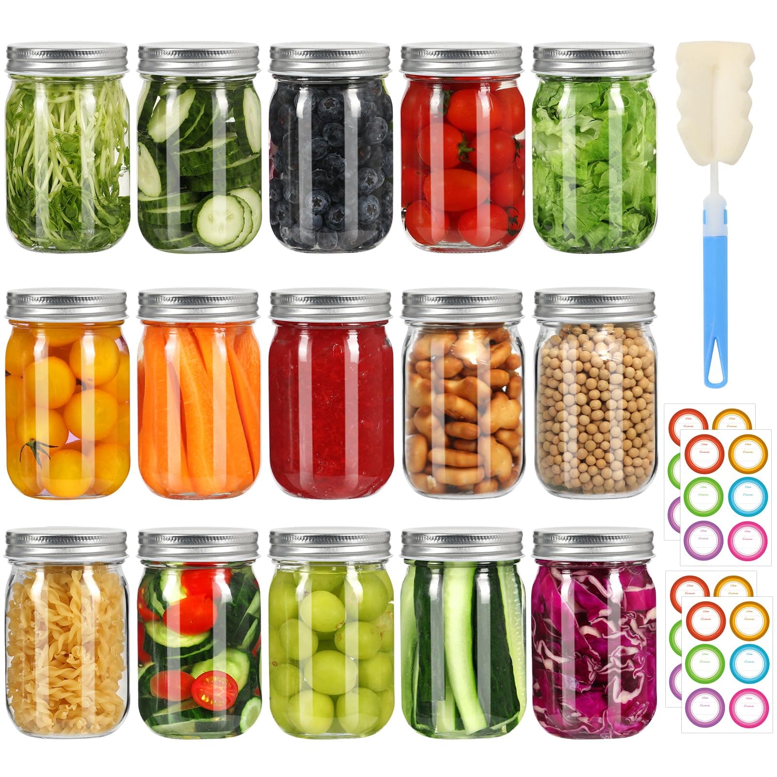 16 oz Silver-Lidded Mason Jars, 15 Pack - Canning & Fermenting Glass Jars