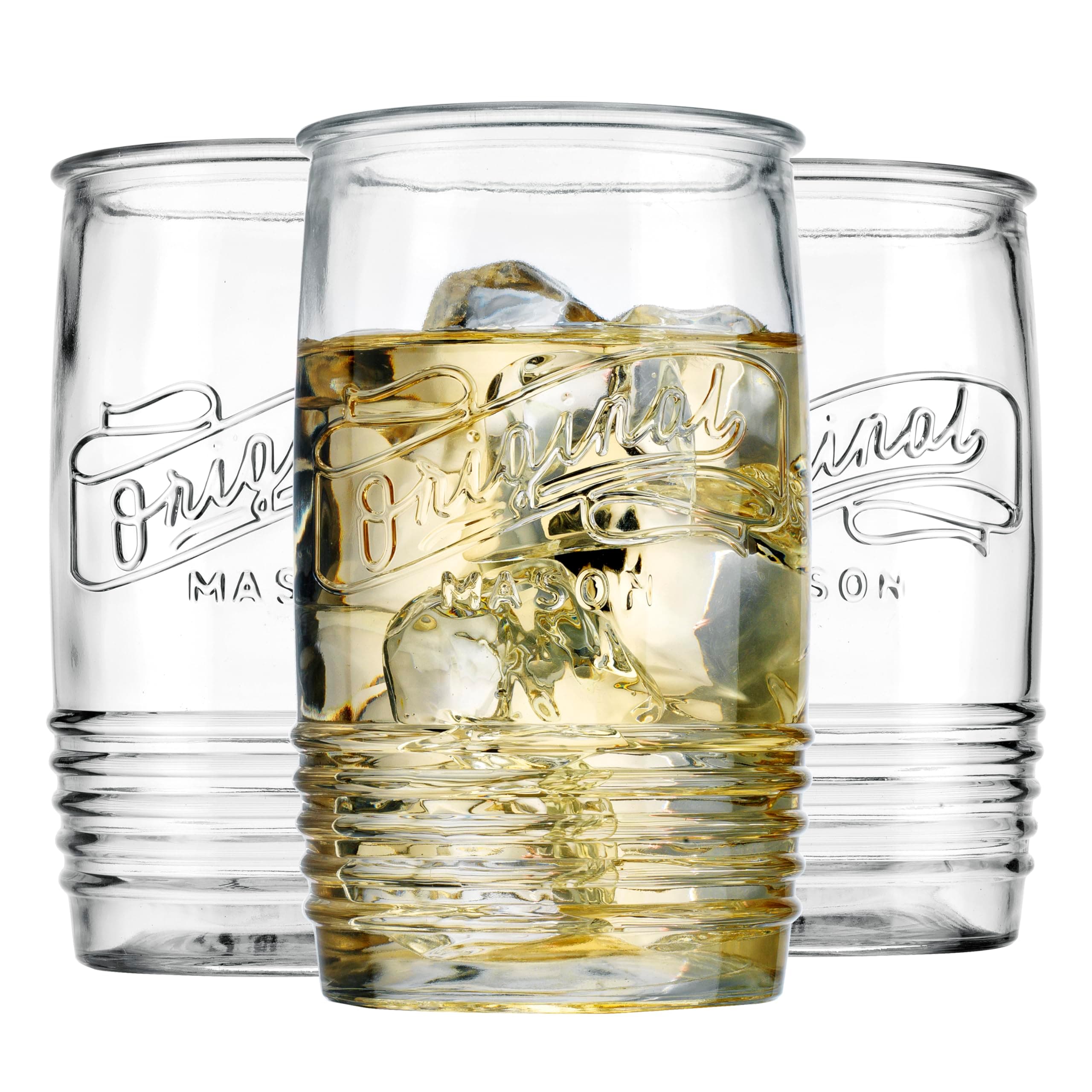 Glaver's Set of 8 20oz Vintage Mason Logo Stemless Tumbler Glasses for Bar and Everyday Use