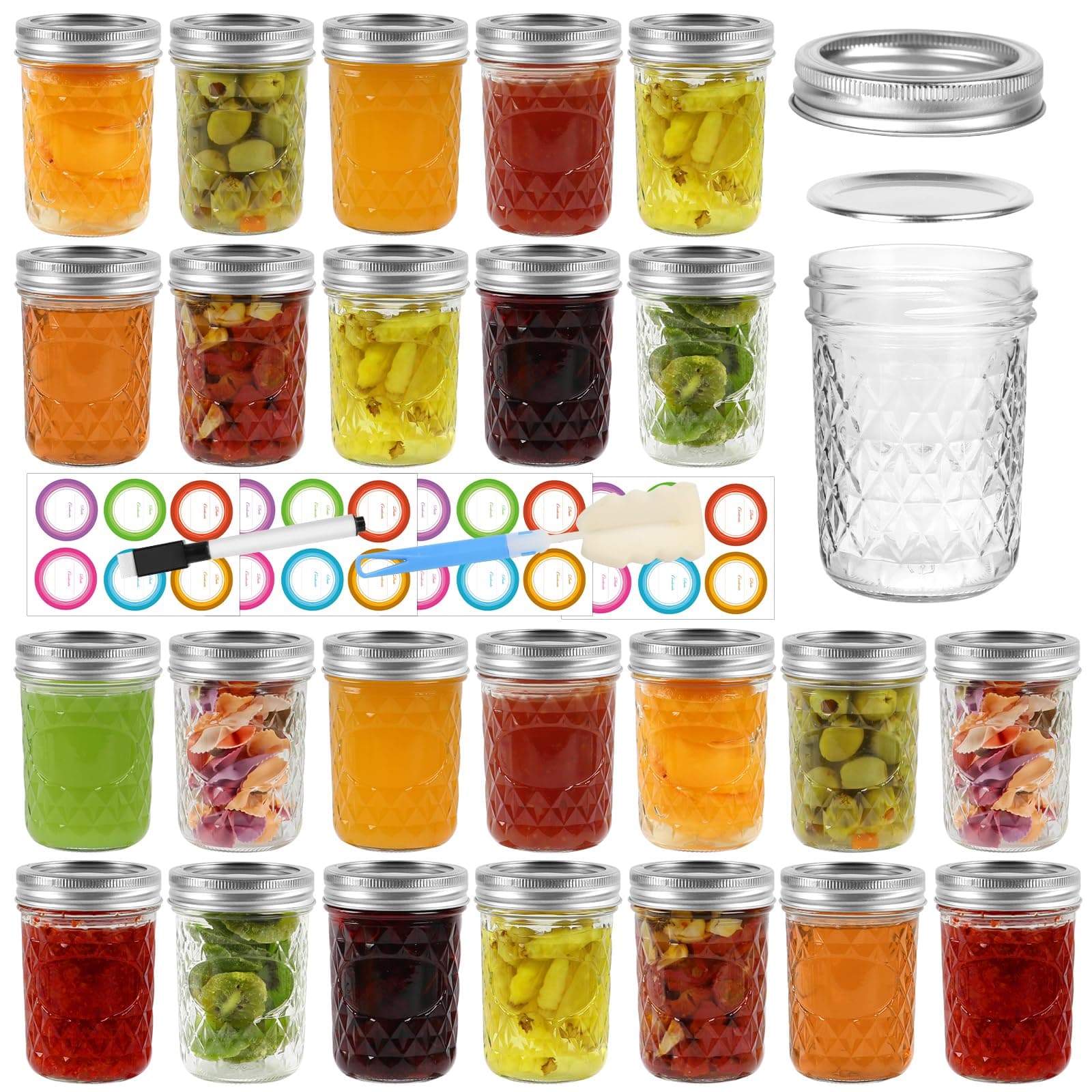 8oz Silver Lidded Mason Jars, 24Pack + Stickers - Half Pint Canning Jars
