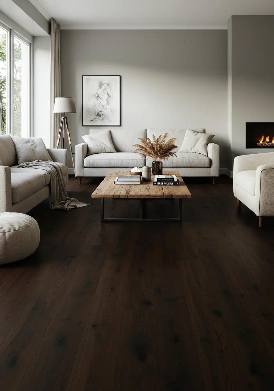 Dark Brown Flooring with Neutral Furniture